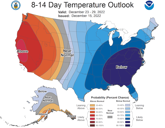From December 23rd to 29th, odds favor warmer than normal temperatures for the western US and cooler than normal temperatures for the eastern US. 
