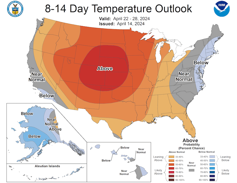 The Climate Prediction Center’s 8–14 day outlook (valid April 22–28) favors near- to above-normal temperatures across much of the region
