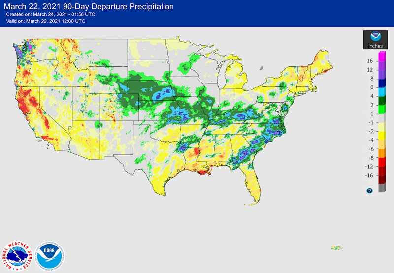 90-day departure from normal precipitation for the contiguous U.S., as of March 22, 2021.