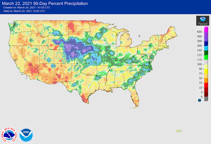 90-day percent of normal precipitation for the contiguous U.S. as of March 22, 2021.