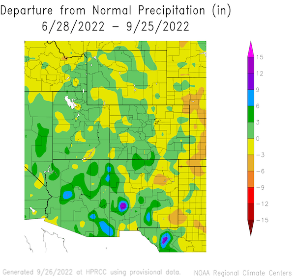 For the period June 28 to September 25, Colorado, Utah, Arizona, and New Mexico have all had above average precipitation.