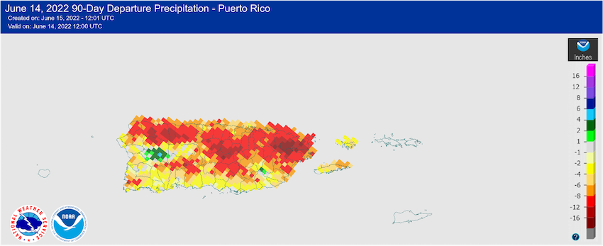 90-day departure from normal precipitation for Puerto Rico, through June 14, 2022.