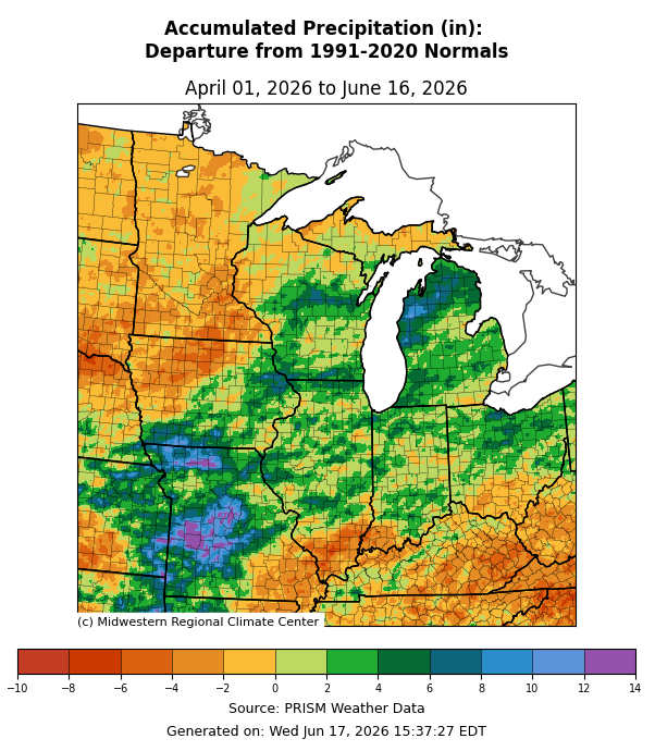 The map shows the accumulated precipitation departure from 1991–2020 normals across the Midwest from April 01, 2026, to June 16, 2026. Widespread precipitation deficits of 2 to 6 inches or more are concentrated across the northern and western portions of the region—particularly in Minnesota, the Dakotas, and northern Wisconsin—as well as along the southeastern extent in Kentucky and southern Ohio. Conversely, a substantial moisture surplus of 2 to 8 inches covers a broad central swath including Michigan, Illinois, central Indiana, southern Iowa, and northern Missouri, with localized pockets of extreme surplus reaching 10 to 14 inches (shaded in blue and purple) in Missouri. 