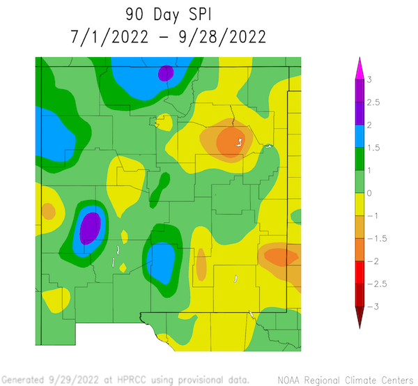 From July 1 to September 28, the eastern half of New Mexico experienced SPI values from 0 to -2, while western portions of the state experienced above-normal precipitation.