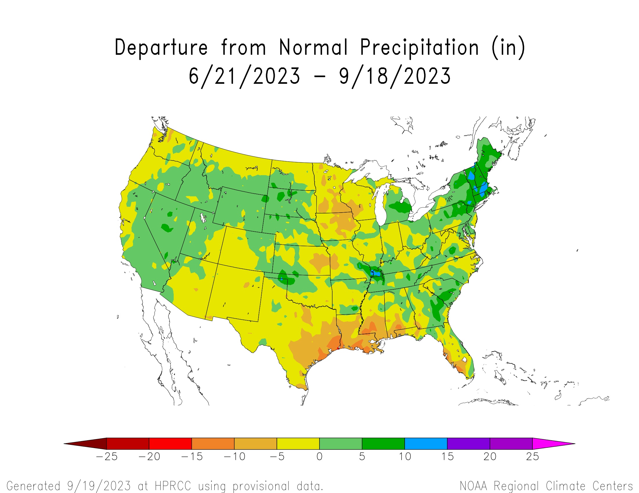 Departure from normal precipitation for the contiguous United States for June 27, 2023 to September 18, 2023.