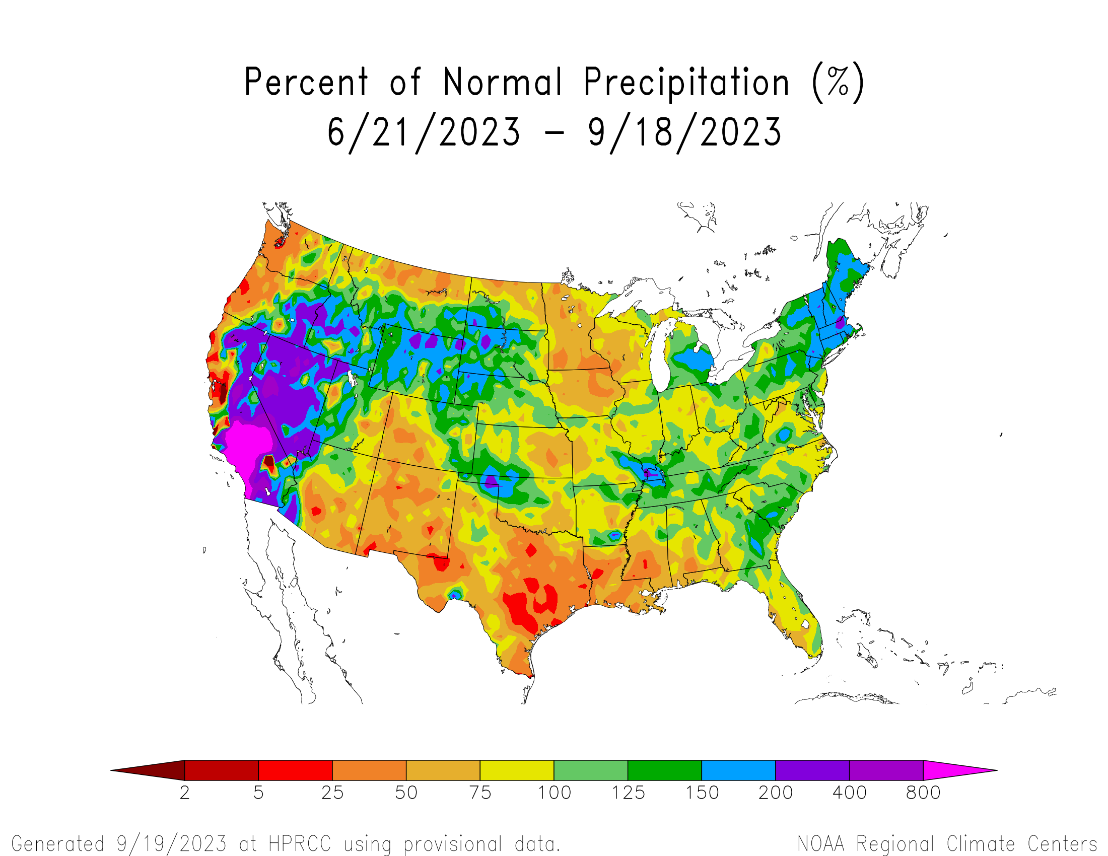 Percent of normal precipitation for the contiguous United States for June 21, 2023 to September 18, 2023.