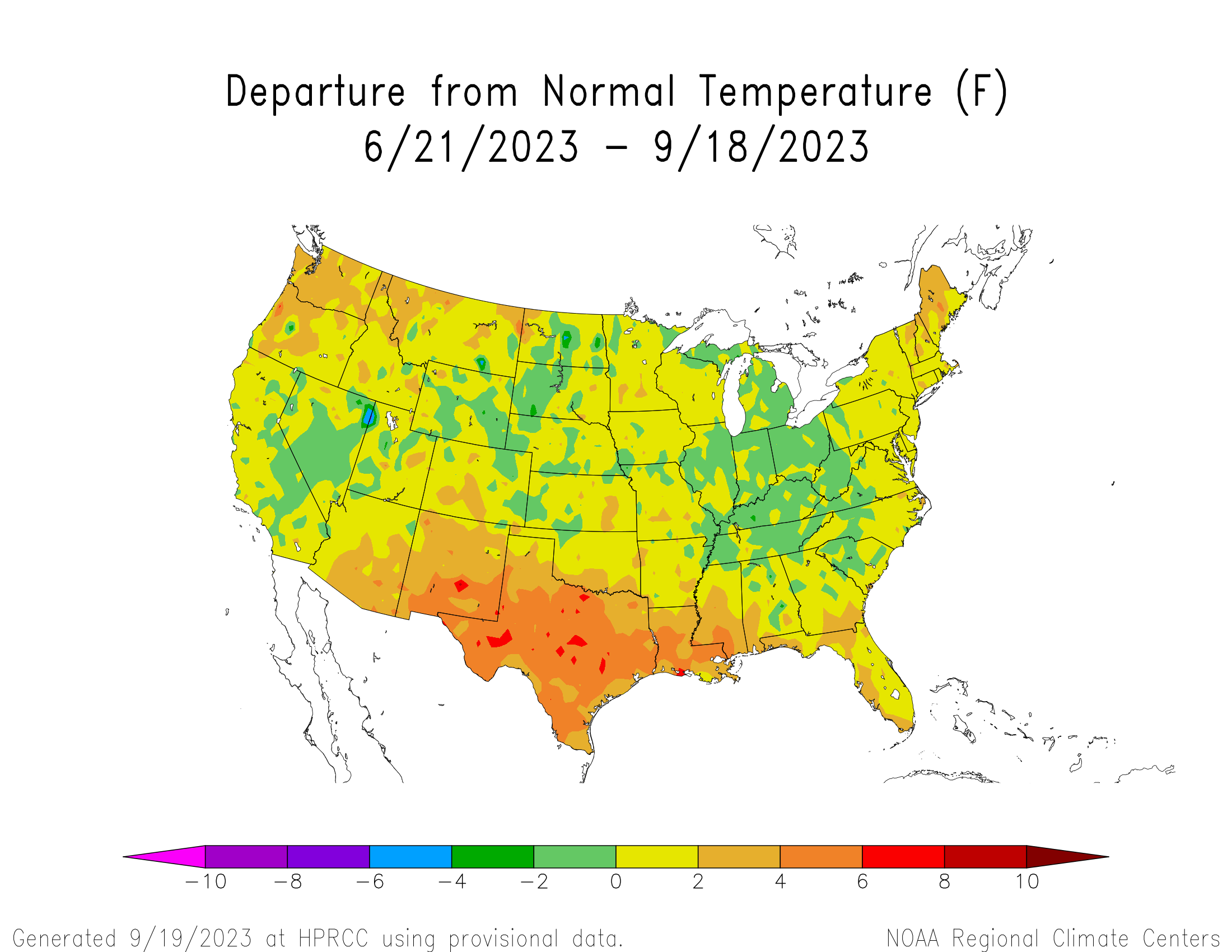 Departure from normal precipitation for the contiguous United States for June 21, 2023 to September 18, 2023.