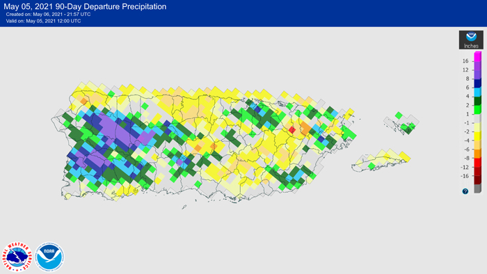 90-day departure from normal precipitation for Puerto Rico. Deficits during the last 3 month range from 2 to 4 inches across north central and eastern interior Puerto Rico/