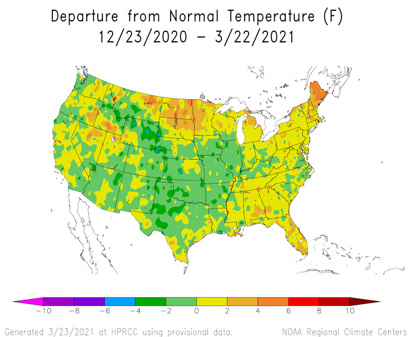 90-day departure from normal temperature for the contiguous U.S., as of March 22, 2021.