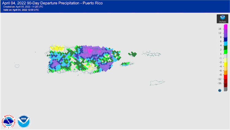 90-day departure from normal precipitation for Puerto Rico, through April 5, 2022.