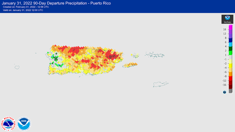 90-day departure from normal precipitation for Puerto Rico, through January 31, 2022. Rainfall deficits range between 8 and 12 inches across much of Puerto Rico. 