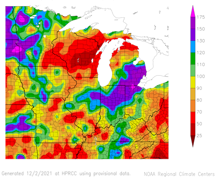 Percent of normal precipitation for the Midwest over the past 90 days (September 3–December 1, 2021). Parts of the Upper Midwest saw significantly below normal precipitation, while western Minnesota into Iowa, and parts of southern Michigan, northern Indiana, and northeastern Illinois saw well-above-normal precipitation.