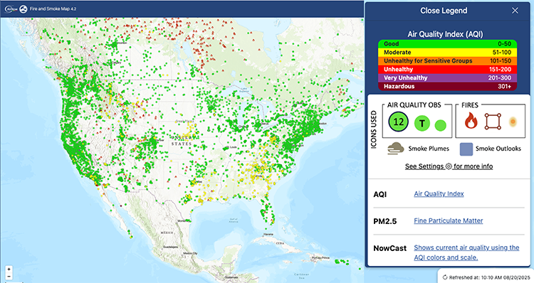Moderate air quality is present in parts of the Southeast, Nebraska, the Gulf, and the Northern Rockies. Spots of unhealthy air quality are present in Southern California, Northwest Colorado, and South Florida