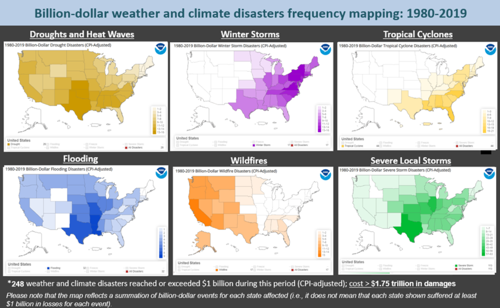 Billion-dollar weather and climate disasters frequency mapping: 1980-2019