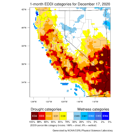 1-Month Evaporative Demand Drought Index (EDDI) from NOAA/ESRL and the Great Basin Dashboard. Valid December 17, 2020, and shows ED4 drought conditions in southeastern California and Nevada.