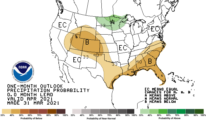 Climate Prediction Center 1-month precipitation outlook for April 2021. Odds favor above-normal precipitation in much of North Dakota and Minnesota, as well as northern South Dakota and Wisconsin. Below-normal conditions are more likely through WY, CO, and western KS and NE.
