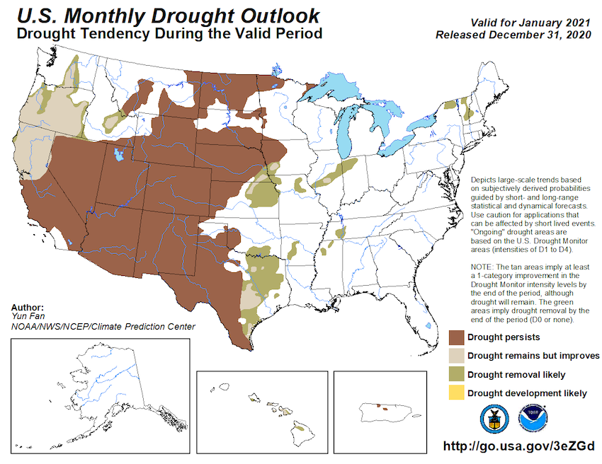 Monthly drought outlook from NOAA's Climate Prediction Center, showing areas where drought is predicted to worsen, improve, or remain the same over January 2021.