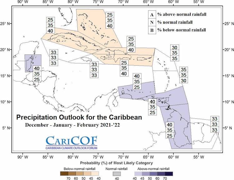  Latest extended precipitation outlook for the Caribbean, valid for December 2021 to February 2022. 