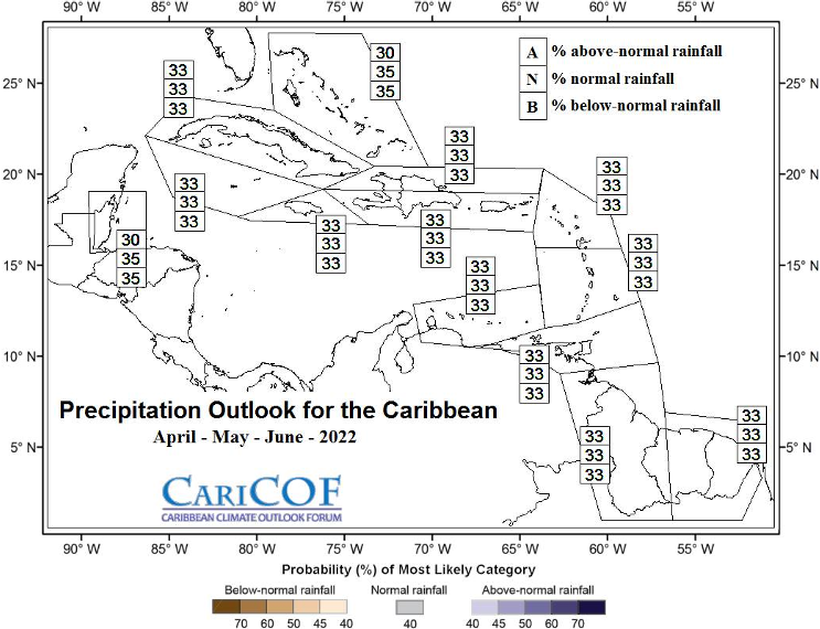 Latest extended precipitation outlook for the Caribbean, valid for April to June 2022. 