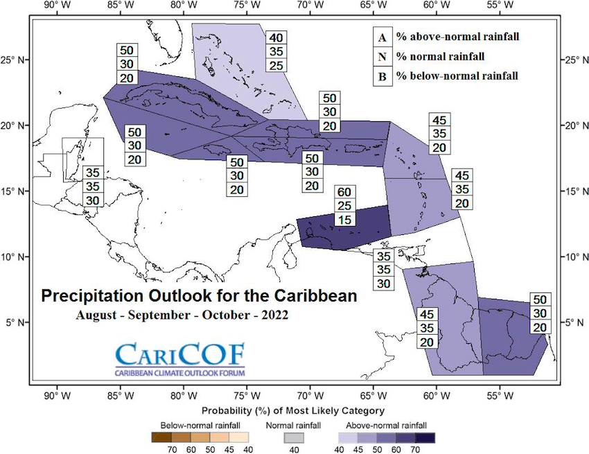 The August to October 2022 precipitation outlook for the Caribbean shows higher chances of above-normal or normal rainfall.