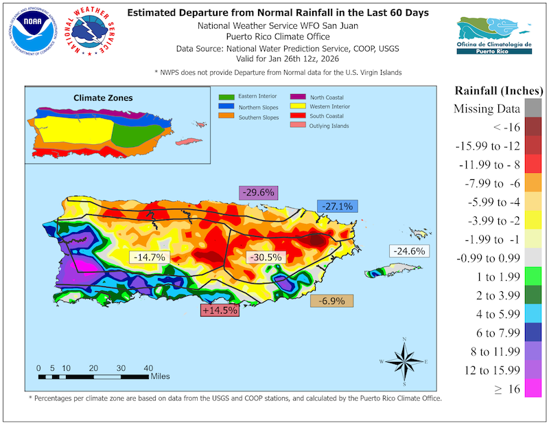 Este mapa muestra que las precipitaciones estuvieron muy por encima de lo normal en el oeste y suroeste de Puerto Rico. En otras zonas de Puerto Rico se observaron precipitaciones muy por debajo de lo normal. 