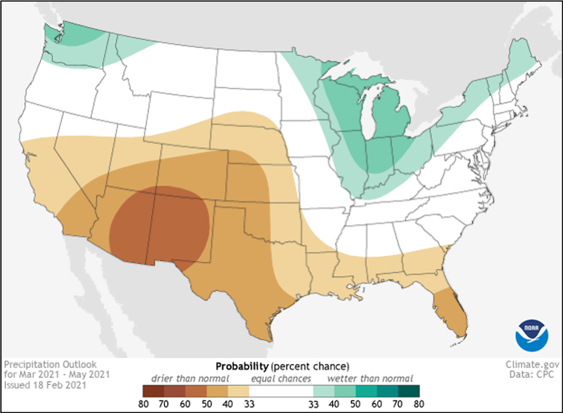 March to May 2021 precipitation outlook for the U.S., from Climate.gov with data from NOAA's Climate Prediction Center. Odds favor below-normal precipitation across Florida and southern Alabama and Georgia.