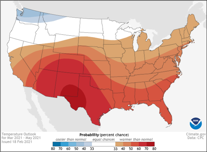 March to May 2021 temperature outlook for the U.S., from Climate.gov with data from NOAA's Climate Prediction Center. Odds favor above-normal temperatures across the Southeast.