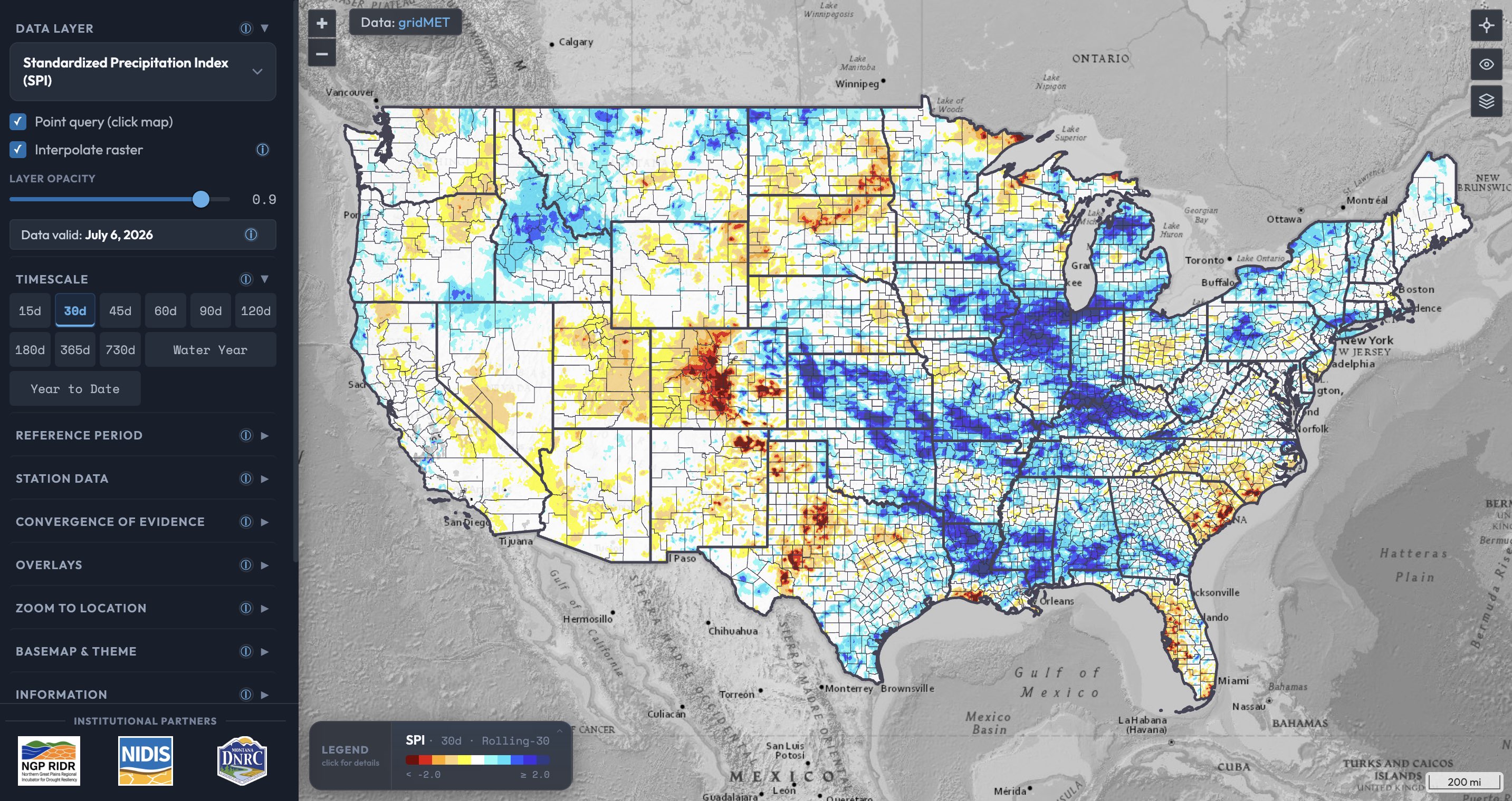 Screenshot of the Drought Data Dashboard showing a map of the contiguous U.S. with a 30-day Standardized Precipitation Index. A sidebar on the left provides controls for users to select datasets and customize timescales, periods of record, overlays, and others settings.