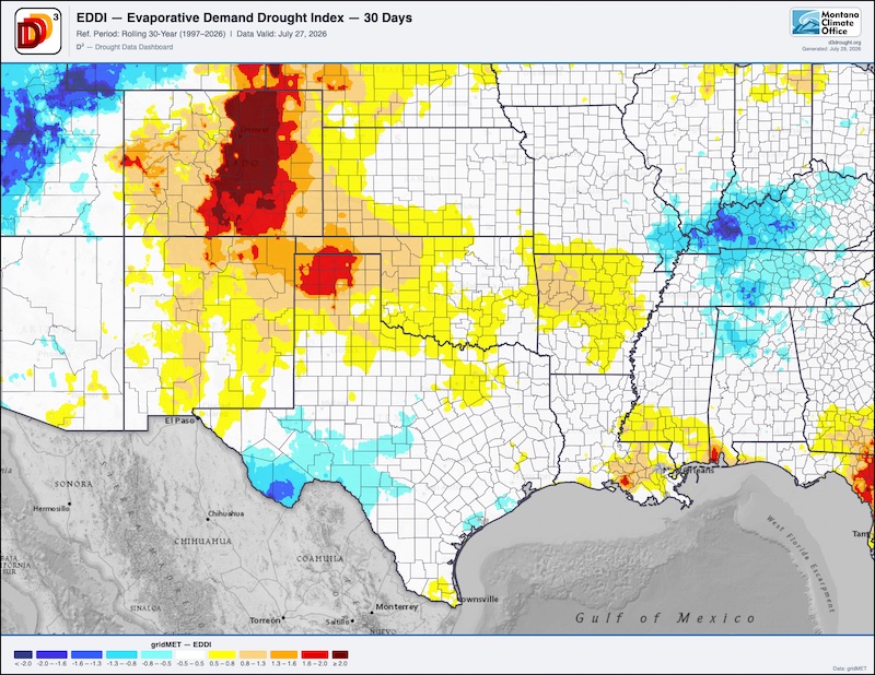 High evaporative demand is present in the Texas and Oklahoma Panhandles and in western Kansas. There are areas of lower evaporative demand in parts of western Texas.