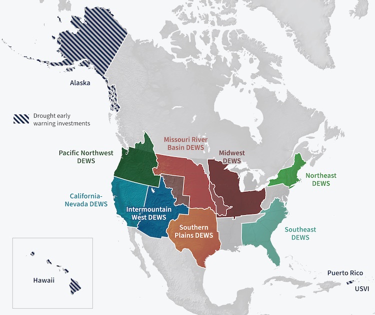 U.S. map showing each Drought Early Warning System region, as well as key drought early warning investment areas