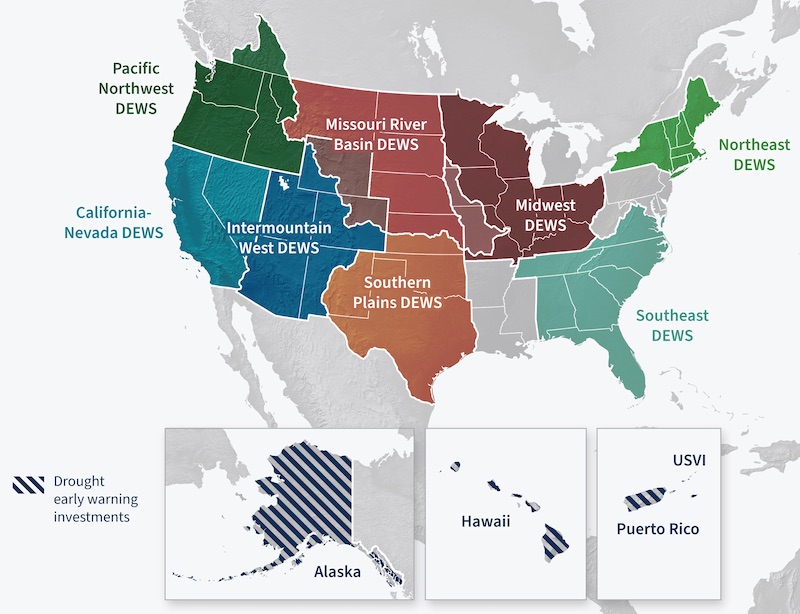 U.S. map showing each Drought Early Warning System region, as well as key drought early warning investment areas