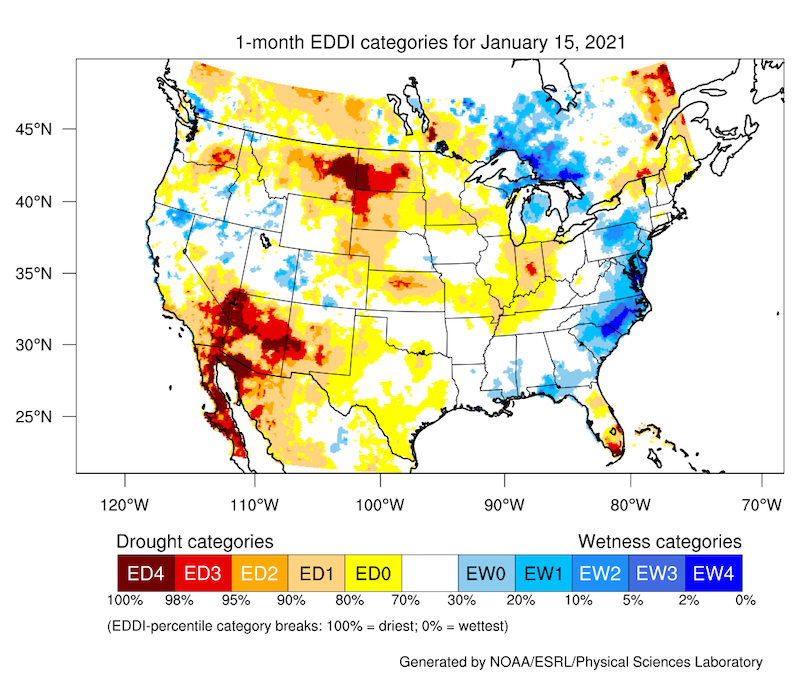 4-week Evaporative Demand Drought Index (EDDI) for the contiguous U.S., valid January 15, 2021. Shows slightly elevated evaporation for this time of year for central Kansas and western and southern Texas.