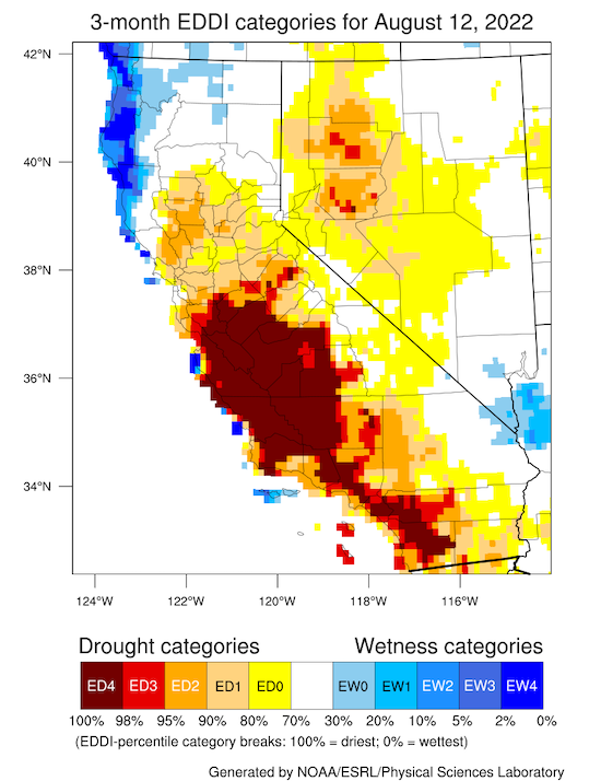 High evaporative demand has been in the Central Valley and along the California coast as well as in Pershing and Churchill Counties over the last three months.