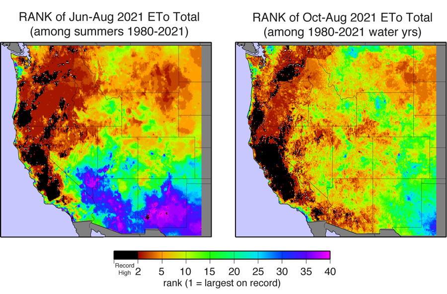 Two maps showing the evaporative demand rankings for the Western US for 2021 summer (Jul-Aug) and water year (Oct-Aug). Record, highest evaporative demand is black and ranges to the lowest evaporative demand (40th) is shown in purple. Much of California has record setting evaporative demand and Western Nevada had 5th or highest evaporative demand this summer and water year. 