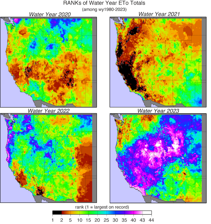  Much of California has record setting evaporative demand and Western Nevada had 5th in water year 2021. In water year 2022 much of the region was in the mid range of the historical period with the exception of the Central Coast and southeast of California which was higher. In WY 2023, much of the California Nevada region had evaporative demand ranks in the lowest 10 years in the 43 year history. 