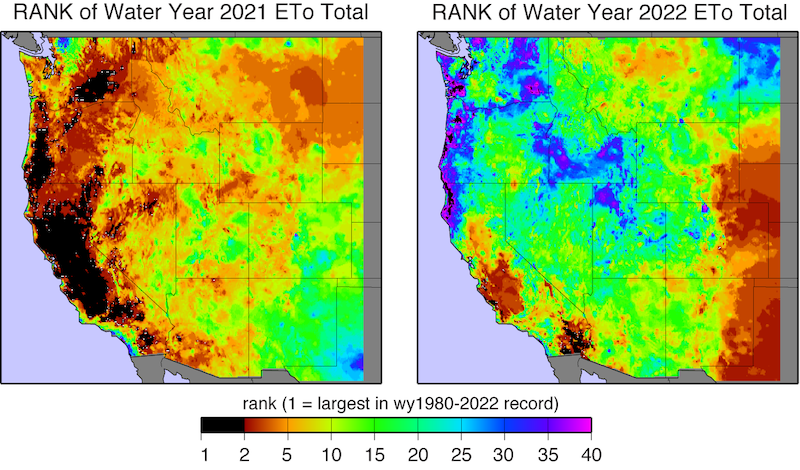 Much of California has record setting evaporative demand and Western Nevada had 5th in water year 2021. In water year 2022 much of the region was in the mid range of the historical period with the exception of Central Coast and southeast of California.  