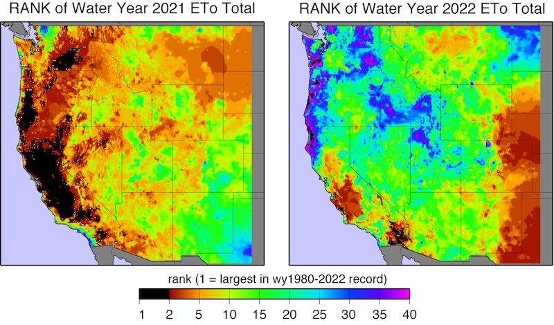 Much of California has record setting evaporative demand and Western Nevada had 5th in water year 2021. In water year 2022 much of the region was in the mid range of the historical period with the exception of Central Coast and southeast of California.