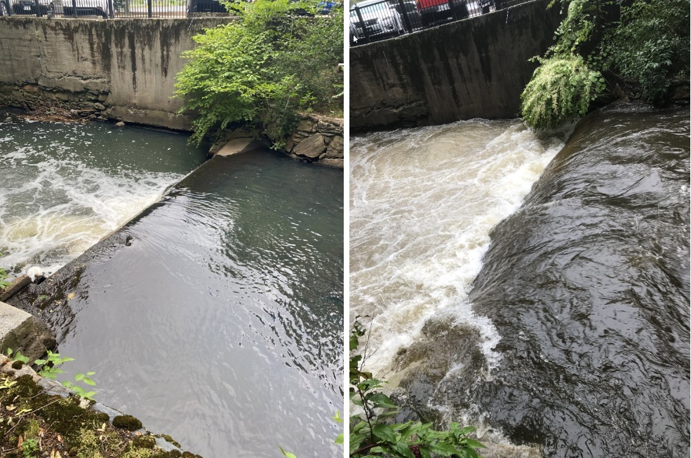 Streamflow at the U.S. Geological Survey Moshassuck River streamgage (01114000) at Providence, RI on July 26, 2022 at 12:00 pm of 10.2 cubic feet/second (cfs) - left photo and on September 6, 2022 of 620 cfs - right photo. Both photos are looking at the concrete weir about 20 ft downstream of the streamgage. Drainage area is 23.1 square miles. Photo credit: U.S. Geological Survey.