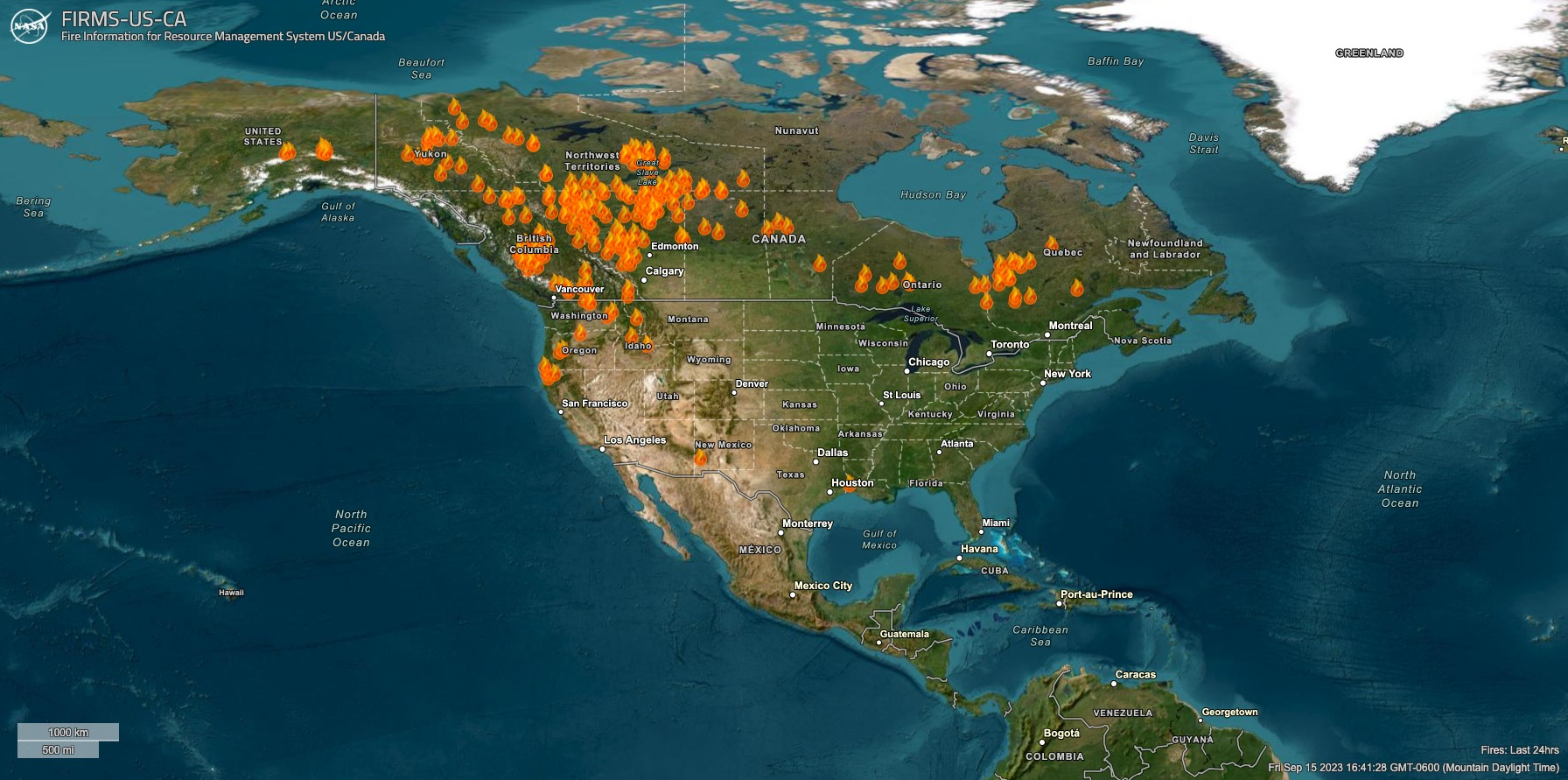 This map shows the Fire Information for Resource Management System for the US and Canada for September 16, 2023.