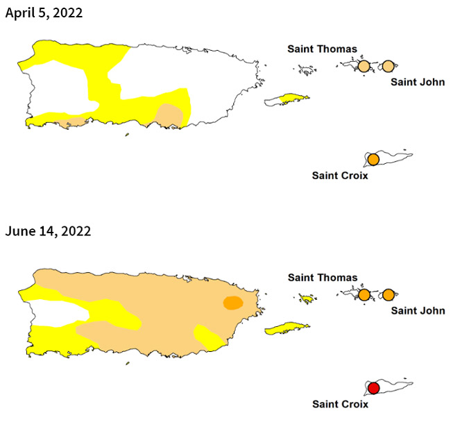 Two U.S. Drought Monitor maps of Puerto Rico and the U.S. Virgin Islands from April 5, 2022 (top) and June 14 (bottom), showing one to two category degradations across most of the region.