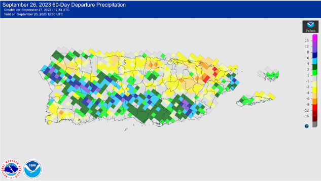 Rainfall deficits across the northern slopes of Puerto Rico are ranging between 4 and 8 inches with isolated higher amounts .