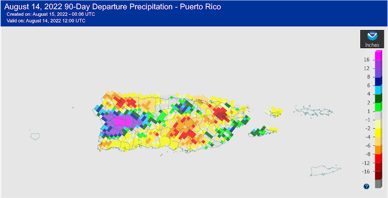 90-day departure from normal precipitation for Puerto Rico, through August 14, 2022.