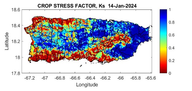 Crop stress is high along much of the southern coast, northwest coast, and eastern interior of Puerto Rico.