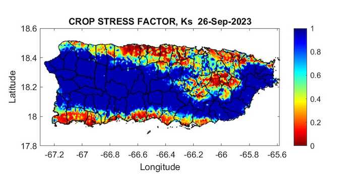High crop stress is present across the southern slopes and northwest Puerto Rico as well as portions of the eastern interior.