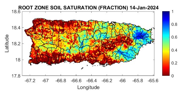 Root zone soil moisture is low in the eastern interior, southern slopes, and northwest. 