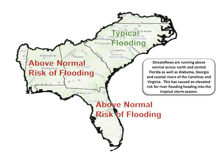 Summer flood outlook for the Southeast U.S. Streamflows are running above normal across north and central FL, as well as AL, GA, and coastal rivers of the Carolinas and VA. This has caused an elevated risk for river flooding heading into the tropical storm season.