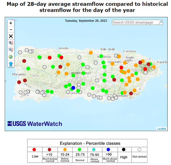 Below-average 28-day streamflows are present across the eastern and western interior of Puerto Rico.