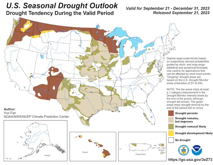 For the most part, from September 21 to December 31, drought removal and improvement are projected for Puerto Rico and the U.S. Virgin Islands.