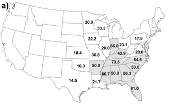 Percentage of nighttime tornado fatalities by state. All states in the Southeast U.S. have tornado fatality rates above the national average.