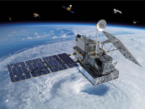 Visualization of the GPM Core Observatory in space over a hurricane with constellation satellites in the background. 